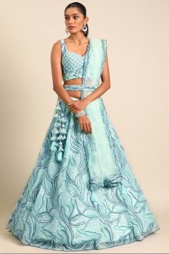 Turquoise Sequin Embroidered Sungeet Lehenga Choli