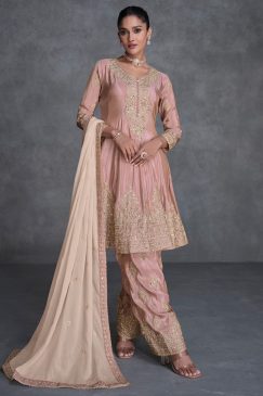 Dusty Pink Embroidered Designer Trouser Kameez Suit