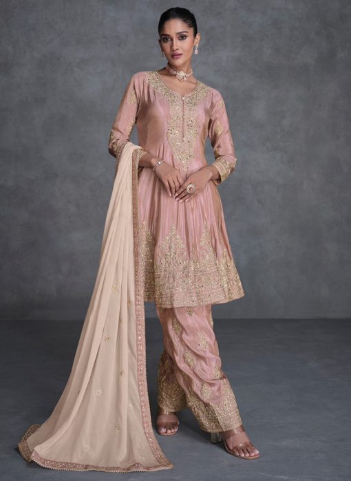 Dusty Pink Embroidered Designer Trouser Kameez Suit