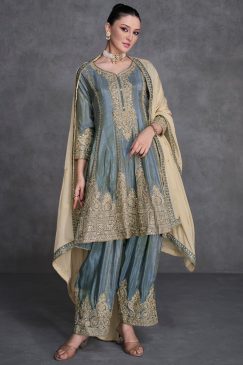 Steel Grey Embroidered Designer Trouser Kameez Suit