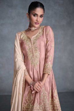 Alternative view of Dusty Pink Embroidered Designer Trouser Kameez Suit