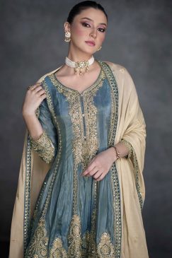 Alternative view of Steel Grey Embroidered Designer Trouser Kameez Suit