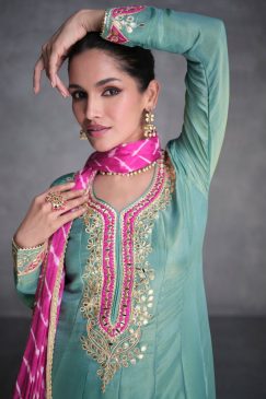 Alternative view of Mint Blue Embroidered Designer Trouser Kameez Suit