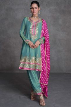 Mint Blue Embroidered Designer Trouser Kameez Suit