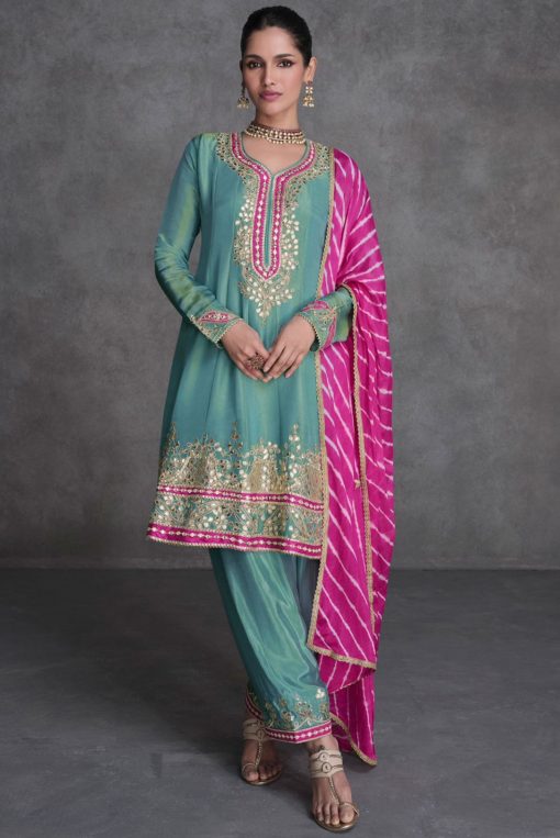 Mint Blue Embroidered Designer Trouser Kameez Suit