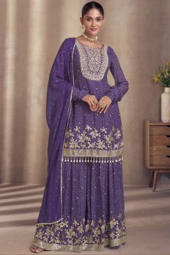 Purple Georgette Chinon Silk Designer Sharara Suit