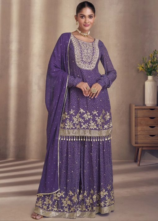 Purple Georgette Chinon Silk Designer Sharara Suit