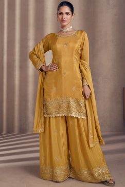Yellow Chinon Silk Designer Sharara Suit