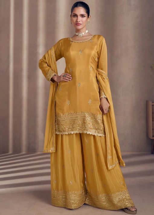 Yellow Chinon Silk Designer Sharara Suit