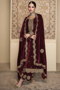 Maroon Velvet Embroidered Pant Suit