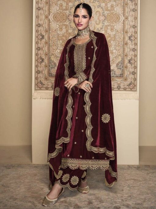 Maroon Velvet Embroidered Pant Suit