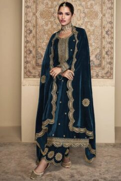 Teal Velvet Embroidered Pant Suit