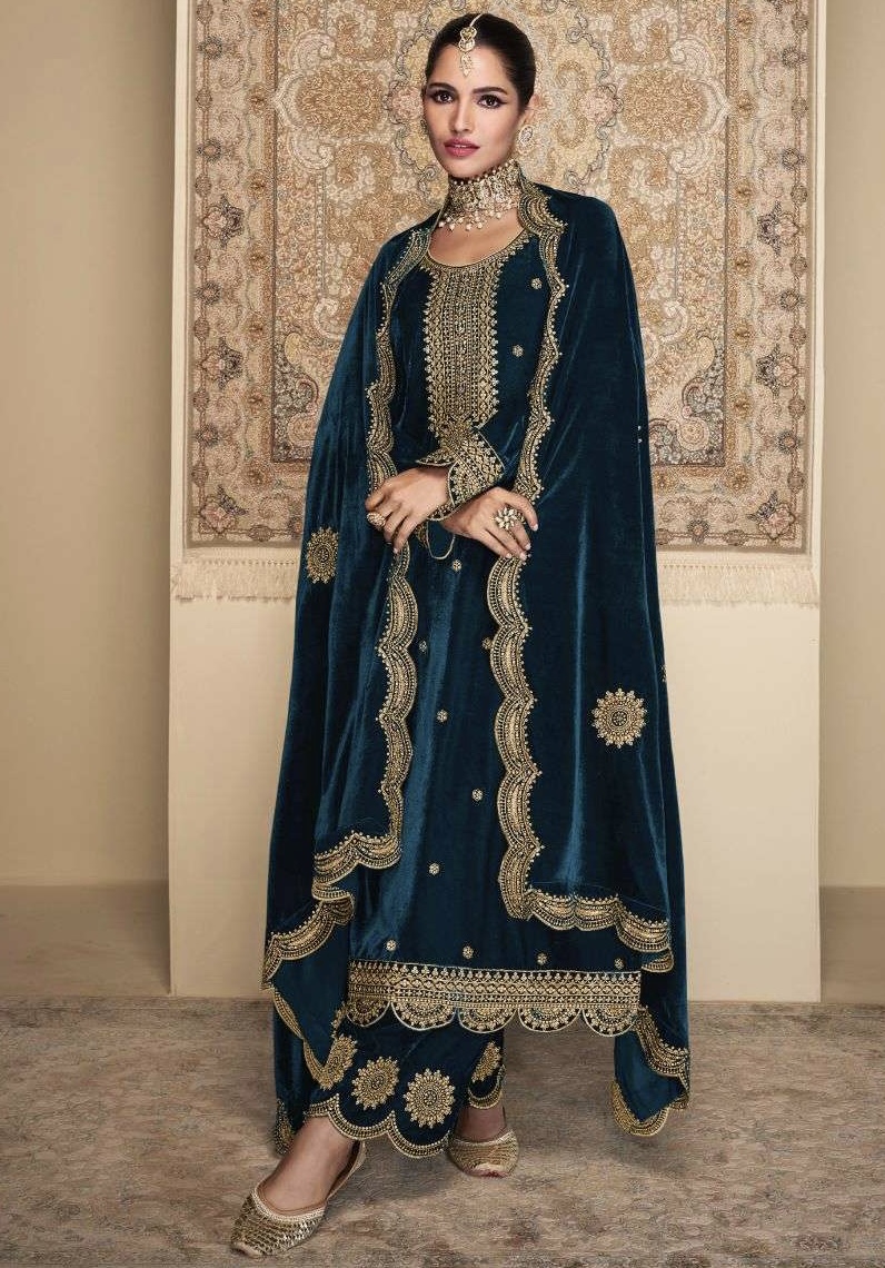 Teal Velvet Embroidered Pant Suit - Salwar Kameez Designer Collection