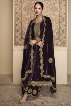 Purple Velvet Embroidered Pant Suit