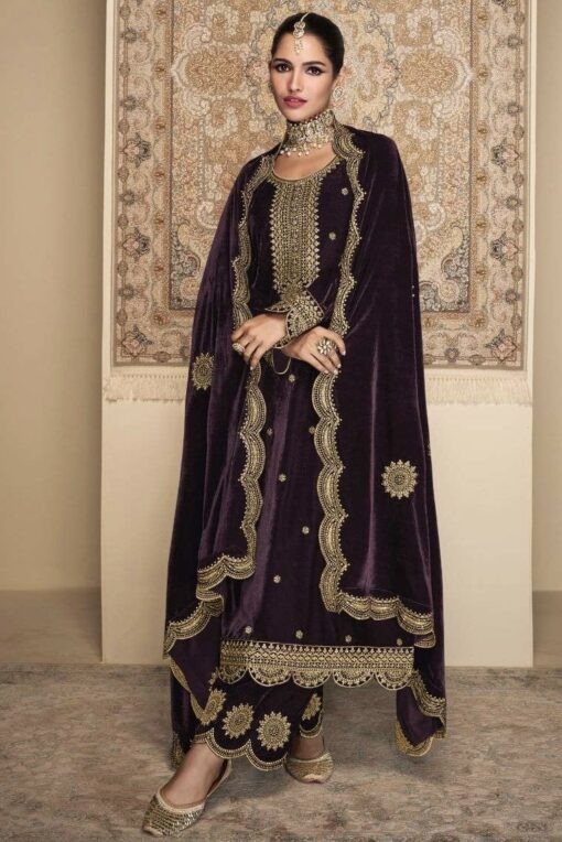 Purple Velvet Embroidered Pant Suit