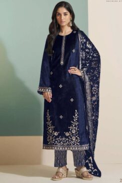 Navy Blue Velvet Embroidered Pant Suit
