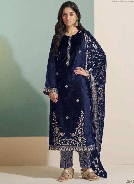 Navy Blue Velvet Embroidered Pant Suit