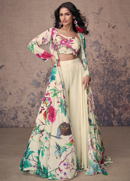 Cream Crepe Silk Jacket Style Palazzo With Crop Top