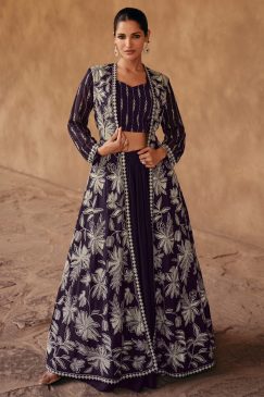 Purple Chinnon Silk Designer Party Wear Lehenga Choli
