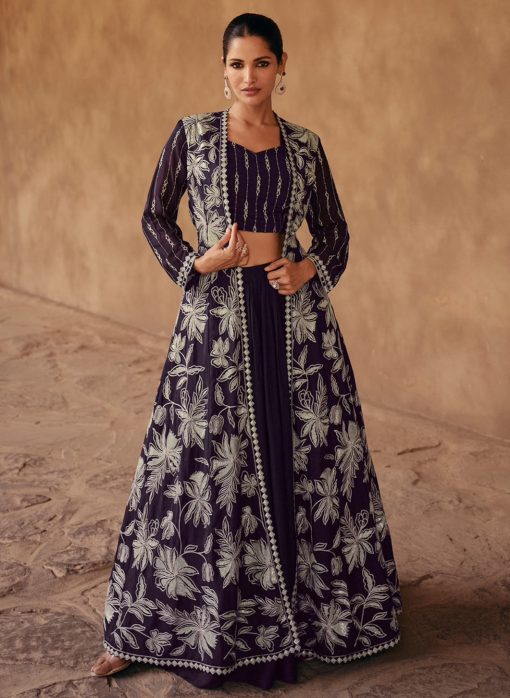 Purple Chinnon Silk Designer Party Wear Lehenga Choli