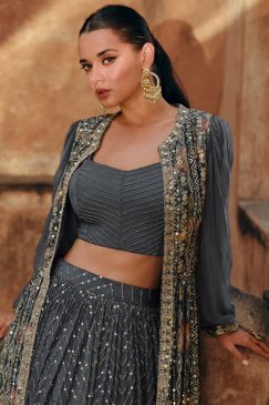 Alternative view of Slate Grey Chinnon Silk Jacket Style Designer Lehenga Choli