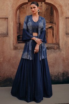 Navy Blue Chinnon Silk Jacket Style Designer Lehenga Choli