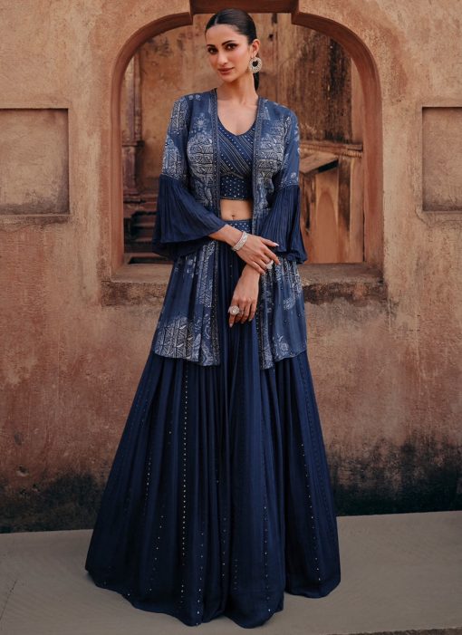 Navy Blue Chinnon Silk Jacket Style Designer Lehenga Choli