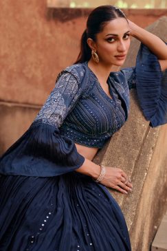 Alternative view of Navy Blue Chinnon Silk Jacket Style Designer Lehenga Choli