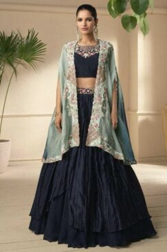 Navy Blue Silk Jacket Style Lehenga Choli