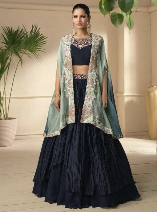 Navy Blue Silk Jacket Style Lehenga Choli