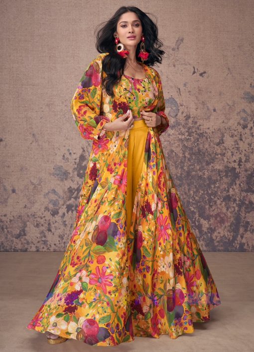 Mustard Crepe Silk Jacket Style Palazzo With Crop Top