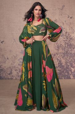 Green Crepe Silk Jacket Style Palazzo With Crop Top