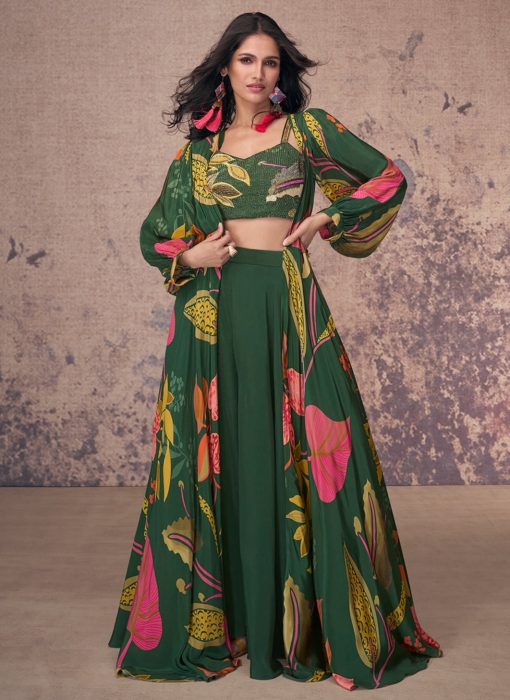 Green Crepe Silk Jacket Style Palazzo With Crop Top
