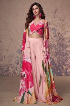 Pink Crepe Silk Jacket Style Palazzo With Crop Top