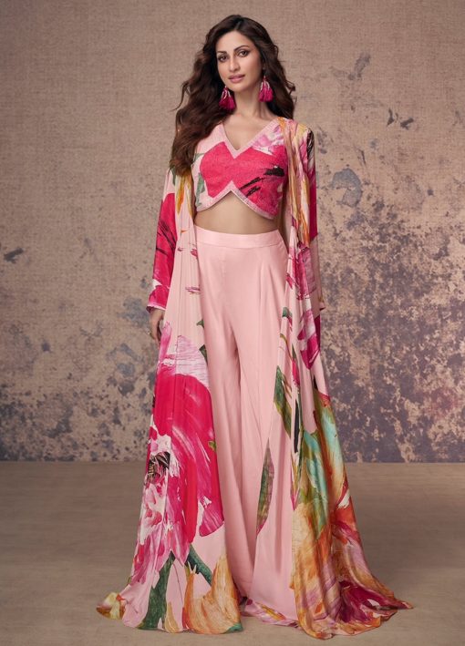 Pink Crepe Silk Jacket Style Palazzo With Crop Top