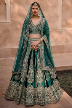 Green Pure Viscose Silk Embroidered Bridal Lehenga Choli