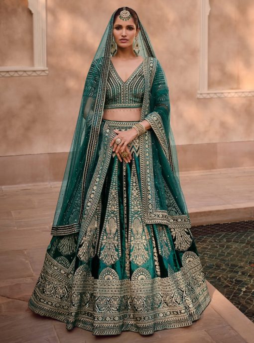 Green Pure Viscose Silk Embroidered Bridal Lehenga Choli