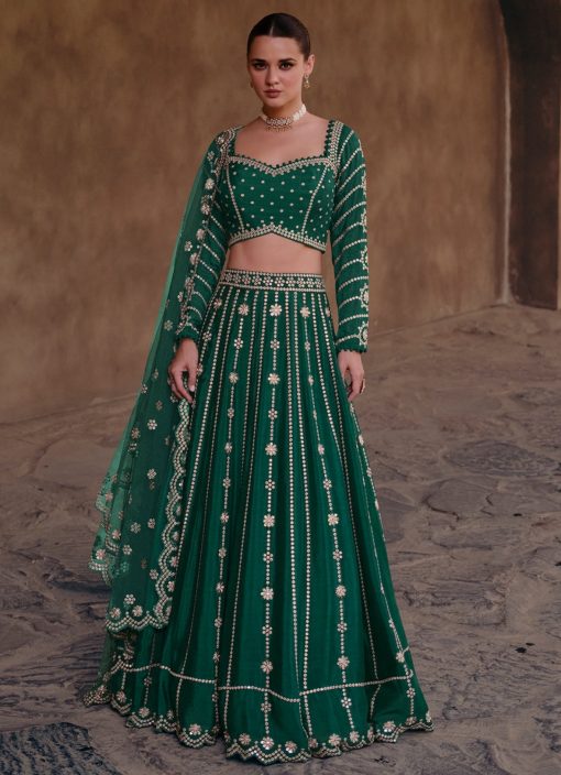 Green Chinnon Silk Embroidered Bridal Lehenga Choli