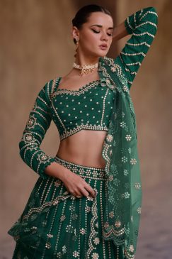Alternative view of Green Chinnon Silk Embroidered Bridal Lehenga Choli