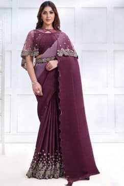 Plum Crepe Satin Silk Designer Saree