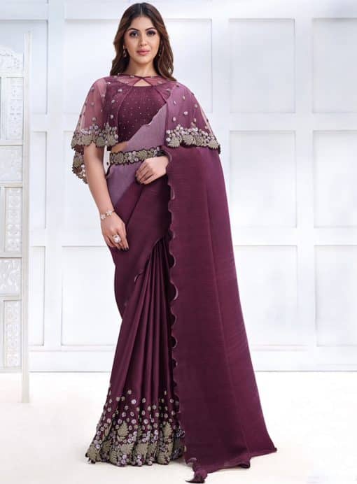 Plum Crepe Satin Silk Designer Saree