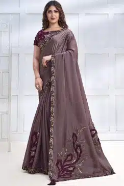 Mauve Crepe Satin Silk Designer Saree