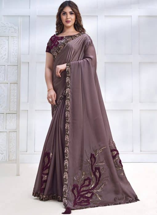 Mauve Crepe Satin Silk Designer Saree