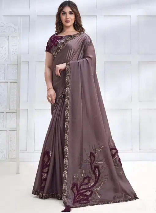 Mauve Crepe Satin Silk Designer Saree
