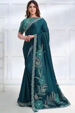 Teal Crepe Satin Silk Designer Saree