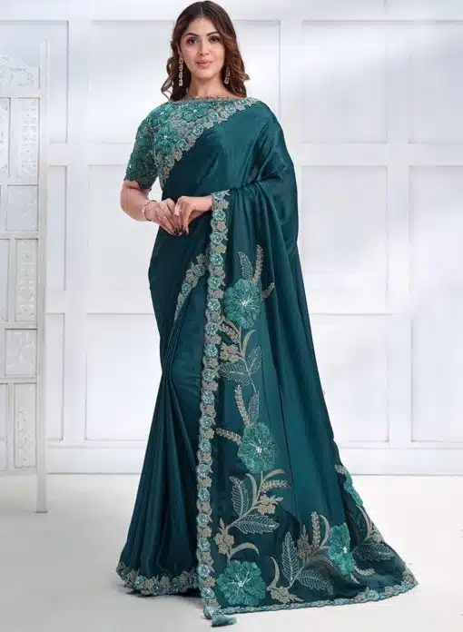 Teal Crepe Satin Silk Designer Saree
