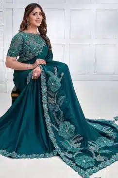 Alternative view of Teal Crepe Satin Silk Designer Saree