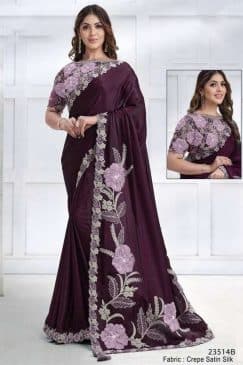 Wine Crepe Satin Silk Designer Saree
