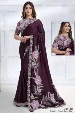 Wine Crepe Satin Silk Designer Saree