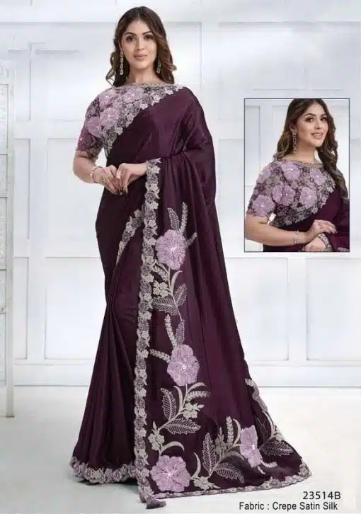Wine Crepe Satin Silk Designer Saree